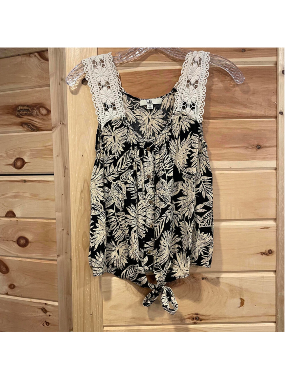 Ya Los Angeles Women's Black and Beige Floral Lace Strap Tank Top Size S